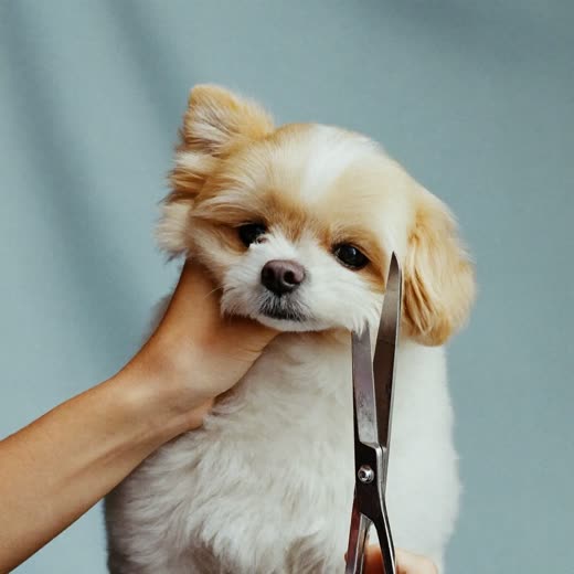 Scissors trimming the coat of a small fluffy dog